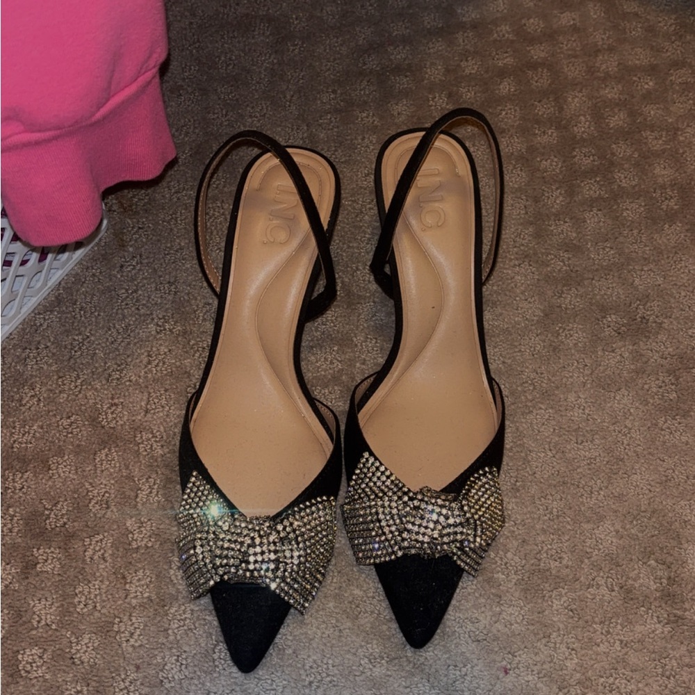 Elegant Black Slingback Heels with Rhinestone Bow